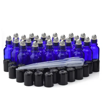 15ml Rulo Şişeler Uçucu Yağlar için Boş Mavi Cam Paslanmaz Çelik Metal Roll on Topu Parfüm Aromaterapi 24 Paket