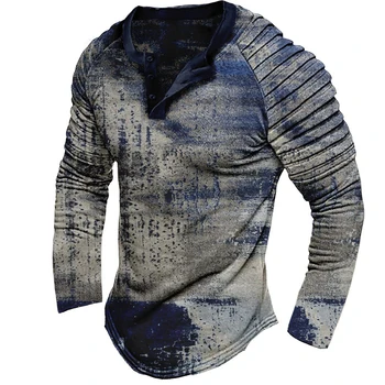 2023 Bahar Baskı Tee t Gömlek Streetwear Uzun Kollu Ekip Boyun Kazak Erkek Giyim Moda Düğmeli Vintage Kazak Gömlek