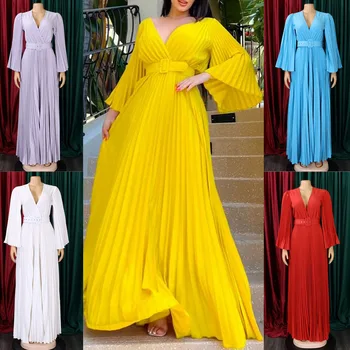 2023 Yaz Seksi Kadınlar Abaya Pilili Uzun Maxi Elbiseler Afrika Dashiki V Yaka Elbise Kuşaklı Akşam Parti Femme Elbise Vestidos