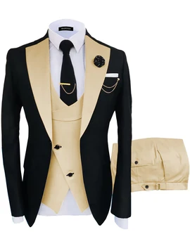 3 Adet Erkek Slim Fit Blazer Seti Damat Resmi İş Şal Yaka Erkek Takım Elbise Butik Parti Düğün Smokin (Ceket + Yelek + Pantolon)