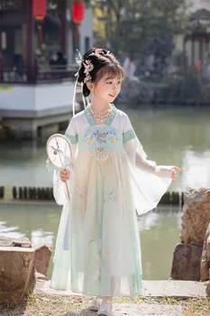 Antik Açık Yeşil Baskı Elbise Çin Hanfu Kız Kostüm Çocuk Peri Cosplay Sahne Giyim