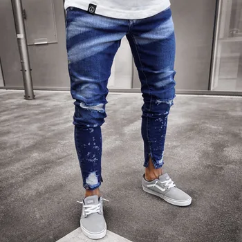 Avrupa ve Amerikan yırtık kot erkek boyalı fermuar kişiselleştirilmiş ince uydurma yırtık küçük bacak kot skinny jeans erkekler