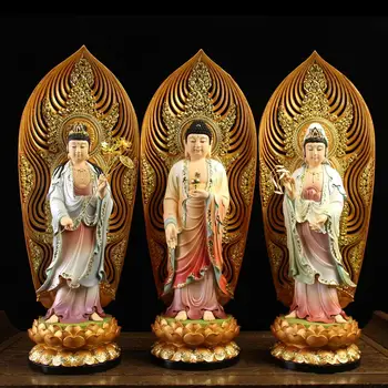 Bir set 3 ADET Büyük EV tapınak koruma Budizm Xİ FANG SANSHENG Ayakta Guan yin Amitabha Mahasthamaprapta Buda heykeli