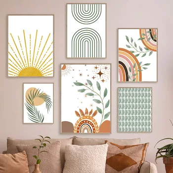 Boho Soyut Geometrik Çizgi Yaprak Bitki Gökkuşağı Güneş Minimalist duvar sanatı tuval yağlıboya Posterler Ve Baskı Oturma Odası Ev Dekor
