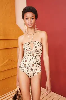 Boyundan bağlı bluz Çiçek Baskı Beachwear 2023 Moda Kadın Mayo Yaz Kadın Tek Parça Mayo ve Cover Up Seksi / Yeni Monokini