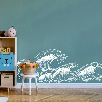 Büyük Deniz Dalgaları Kroki Duvar Sticker Çıkartması Bebek Kreş Çocuk Odası Karikatür Fırtına Dalga Okyanus Plaj Oyun Odası Yatak Odası Vinil Dekor