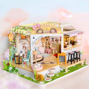 CUTEBEE DIY Dollhouse Kiti Ahşap Bebek Evleri Minyatür Mobilya Takımı Mobilya İle LED ışıkları Çocuklar için doğum günü hediyesi