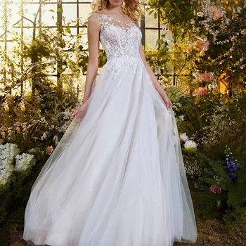Dantel A-Line Kat Uzunlukta Bir Omuz Salonu düğün elbisesi Şeffaf Ekip Boyun Dantel Aplikler Boncuklu Vestios De Novia gelinlikler
