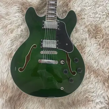 F delik entegre Elektro gitar, yeşil parlak, siyah koruma kurulu, beyaz aksesuarlar, stokta, sipariş verebilirsiniz s