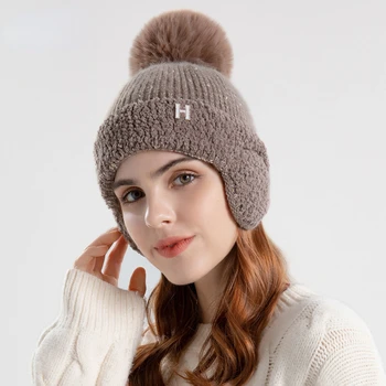 Kış Saç top şapka Kadın Kalınlaşmış Örgü Yün Artı Kadife Kış Sıcak Koruyucu Kulak Seti Kafa Anti-soğuk şapka Bere Boos
