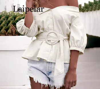 Laipelar Kapalı omuz bluz kadın gömlek bluz düğmeleri yaz fener kollu sashes bluz kadın Casual vintage tops 2019 Yeni