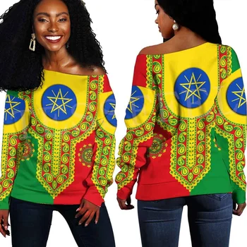 NewFashion Afrika Ülke Etiyopya Bayrağı Retro Kabile Kapalı Omuz Kazak Uzun Kollu 3DPrint Harajuku Kadın Komik Rahat AG7