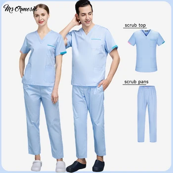 Scrubs Seti Tıbbi Üniforma Kadın Seti V Boyun Bluz Pantolon takım elbise hemşire üniforması Erkek İş Giysisi Üst Pantolon Hemşirelik Aksesuarları