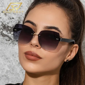 SIMPRECT Çerçevesiz Güneş Gözlüğü Kadın 2023 UV Koruma Lüks Marka Tasarımcısı Kaliteli güneş gözlüğü Moda Vintage Shades Kadınlar İçin
