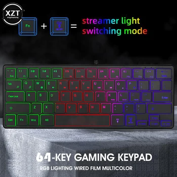 USB Kablolu Klavye RGB Arkadan Aydınlatmalı Aydınlık Oyun Bilgisayar için 64 Tuşları FN 33 Fonksiyon düğmesi Dilsiz Klavye Gamer PC Laptop için
