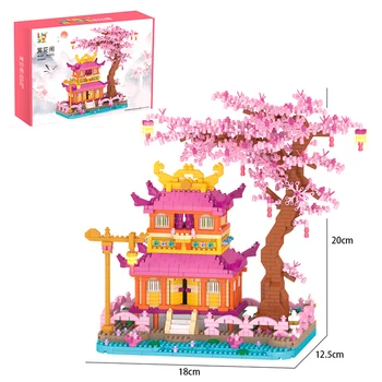 Yaratıcı Sakura Ağacı Ev Yapı Taşları Çin Klasik Şeftali Çiçeği Ağacı Mimari Mikro Araya Tuğla Oyuncaklar Kız Hediye