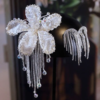 Yeni Kore Gelin Kristal Çiçek Püskül saç tokası küpe seti Düğün Headdress Kıdemli Gelin saç aksesuarları