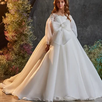 Zarif Yay Çiçek Kız Elbise A-line Yuvarlak Boyun İnci Dantel çocuk Elbise Çocuk Düğün Parti Doğum Günü Elbise