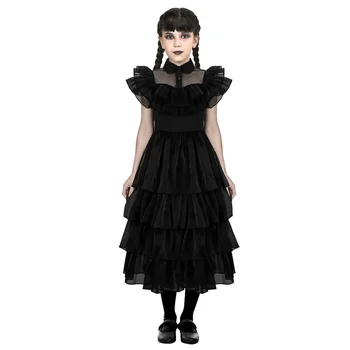 Çarşamba Elbise Çocuklar için Siyah lolita Elbise Uzun Kollu Dantel Kıyafetler Nevermore Cadılar Bayramı Partisi Cosplay Takım Elbise