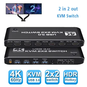 Çift Monitör HDMI KVM anahtarı 2x2 USB3.0 HDMI KVM anahtarı 2 ın 2 out 4K 60Hz 2x2 Karışık Ekran 2 Monitör 2 Bilgisayar PC laptop için