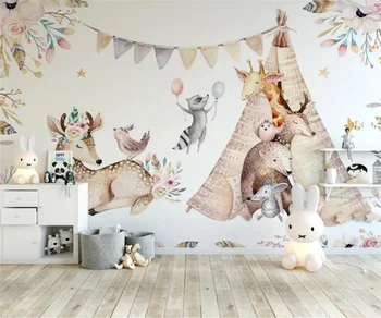Özel Dekorasyon Duvar Kağıdı El Boyalı Çiçekler Geyik Zürafa Anaokulu Erkek Yatak Odası Çocuk Odası