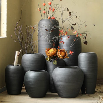 Ürün özelleştirilebilir.Büyük siyah seramik vazo basit vintage zemin çin vazo oturma odası ev çiçek aranjörü