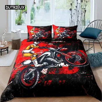 3D Motocross Rider Yorgan yatak örtüsü seti Mikrofiber Kırmızı Siyah Kir Bisiklet Ekstrem Sporlar Tema Motosiklet Desen nevresim takımı Kral
