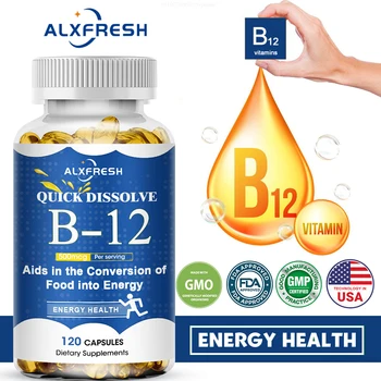 Alxfresh Vitamin B12 Kapsül 500 Mcg Metil B12 Organik Spirulina Destekler Sağlıklı Ruh Hali Enerji Kalp ve Göz Vitamin B12 Takviyesi