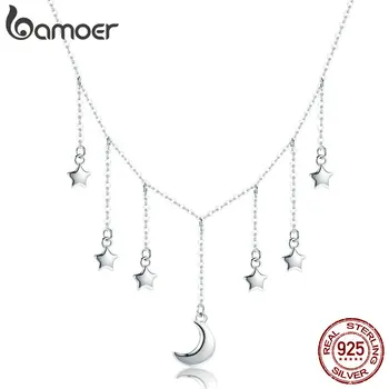 BAMOER Gerçek 925 Ayar Gümüş Yıldız Zincir Köpüklü Ay Yıldızlı Kolye Kolye Kadınlar için Gümüş Takı SCN301