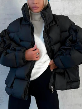 Kadın Kış Soğuk Ceket Kalın Sıcak Gevşek Moda Kapitone Ceket Kadın Standı Yaka Rahat 2023 Sonbahar / Kış Yeni Beyaz Ceket