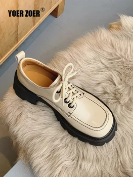 Kadın Mokasen 2022 yeni Bahar ve Sonbahar İngiliz tarzı lace up kalın taban Loafer'lar vintage deri ayakkabı kadın platform ayakkabılar