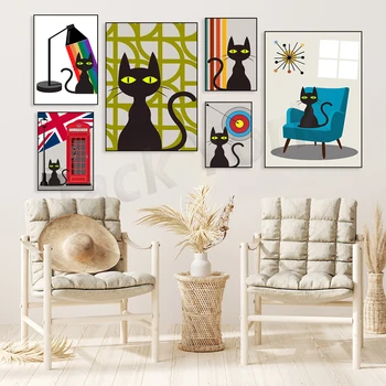 Orta Yüzyıl Modern Sanat Baskı, Siyah Kedi Baskı Hediye, Gurur Gökkuşağı sanat Baskı, Retro Renk Kedi Posteri, Renkli Duvar Sanatı