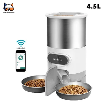 Otomatik evcil hayvan besleyici 3L / 4.5 L Kapasiteli Çift Paslanmaz Çelik Kaseler APP Kontrolü Gıda Dağıtıcı Zamanlama Besleme Kedi ve Köpek için