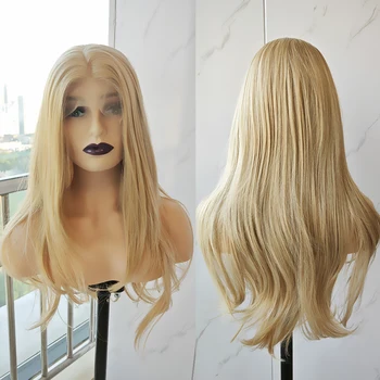 RONGDUOYI doğal düz sarı saç Sentetik peruk uzun ipek orta kısmı ısı Fiber tutkalsız dantel ön peruk Kadın Cosplay kullanımı