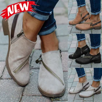 Yeni Moda Kadınlar rahat ayakkabılar Bayanlar Retro Yuvarlak Ayak Düşük Topuk Fermuar Çizmeler Kadın Kalın Topuk kısa çizmeler Tek Ayakkabı Boyutu 35-43